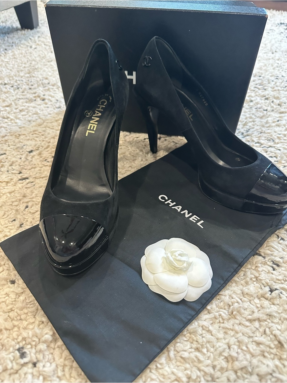 CHANEL Black Suede Pumps with Patent Cap Toe